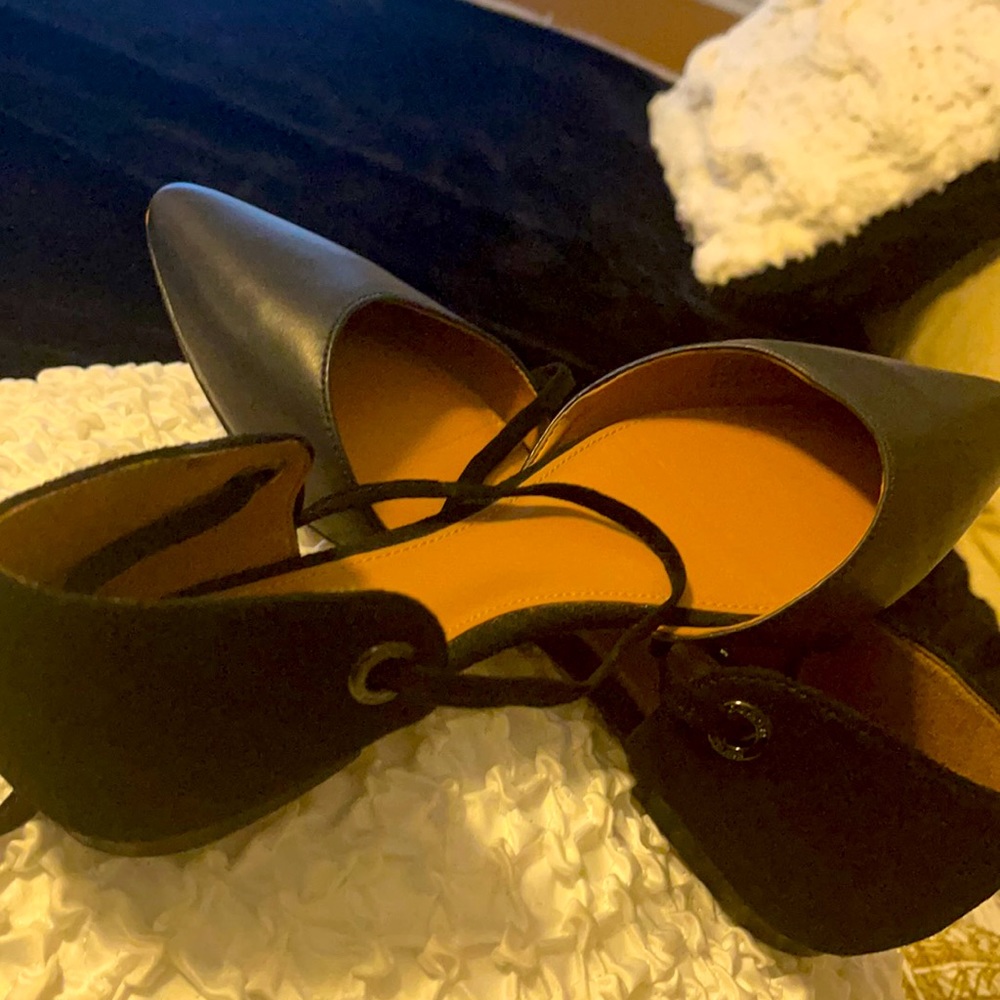 Coach black leather open arch ankle tie flats  8
